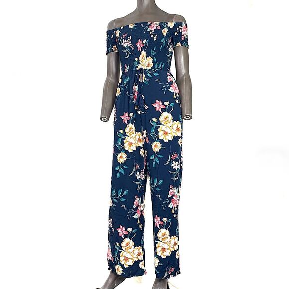 Xhilaration Pants - Xhilaration Floral Off Shoulder Wide Leg Smocked Jumpsuit Size S Multicolor